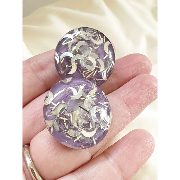 Purple Lucite Confetti Earrings Silver Moon Celestial - Picture 2 of 5